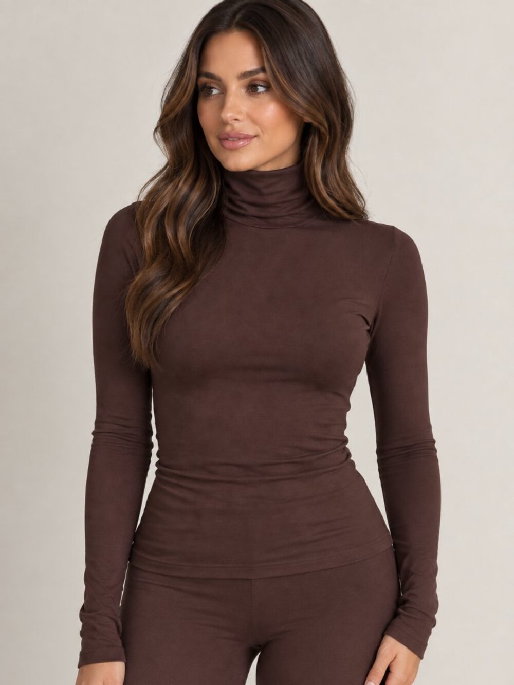 NAKED WARDROBE Turtleneck Long Sleeve Top XS Dark Brown Fitted Compression Fall